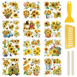 WANDIC 12 Sheets Rub On Transfer Stickers Sunflower Waterproof Transfers Decals Journal Album Stickers Furniture Craft Transfers Decals for DIY Scrapbooking