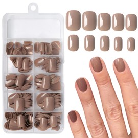 AddFavor 240pcs Press on Nails Short Square Fake Nails Glossy Full Cover Acrylic Artificial Glue on Nails Kit for Women and Girls, Brown Nails