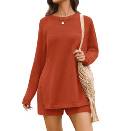 NENONA Women's 2025 Casual Two Piece Knit Outfits Long Sleeve Tunic Sweaters Top and Shorts Lounge Sets,Orange,L