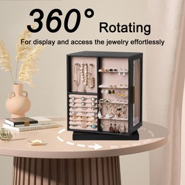 Frebeauty 360° Rotating Jewelry Box,PU Leather Jewelry Organizer with 6 Drawers,Large Jewelry Storage,Clear Window,Golden Handle,Vertical Jewelry Holder for Earrings Necklace,Gift for Women(Black)