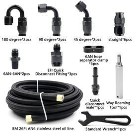 Medoon 6AN PTFE Fuel Line Kit, Nylon Stainless Steel Braided Fuel Hose, LS Swap EFI E85 Injection Fuel PTFE Fitting 3/8" 26FT