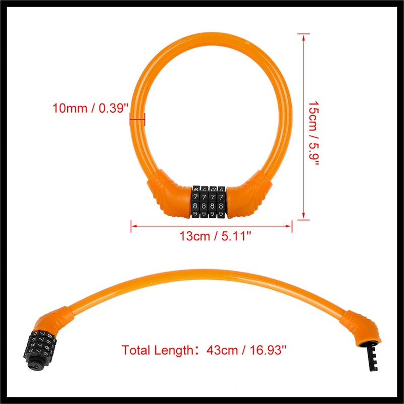 Hihaha 43cmx10mm Bike Cable Lock Portable 4 Digit Security Orange