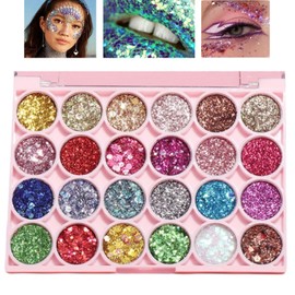 24 Colors Glitter Shimmer Eyeshadow Palette for Women, Vibrant Shades & Highly Pigmented, Shimmer Sparkle Eyeshadow Palette, Colorful Glue Gel Sombras De Ojos Professional Makeup for Eyes, Lips & Face