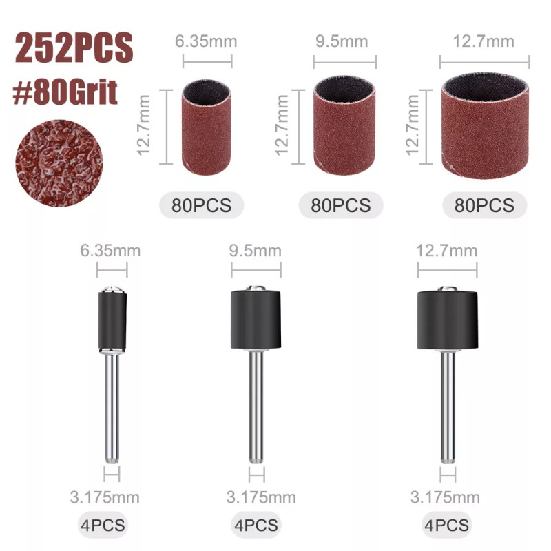 XCAN 252Pcs Sanding Drum Kit Nail Drill Bits w/Box 80Grit