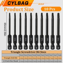 CYLBAQ 10PCS Magnetic Triangle Head Screwdriver Bits, 65mm S2 Steel Triangular Tip Security Screw Driver Bit 1/4 Hex Shank Triangle Screwdriver Bit Set TA12 TA14 TA16 TA18 TA20 TA23 TA25 TA27 TA30