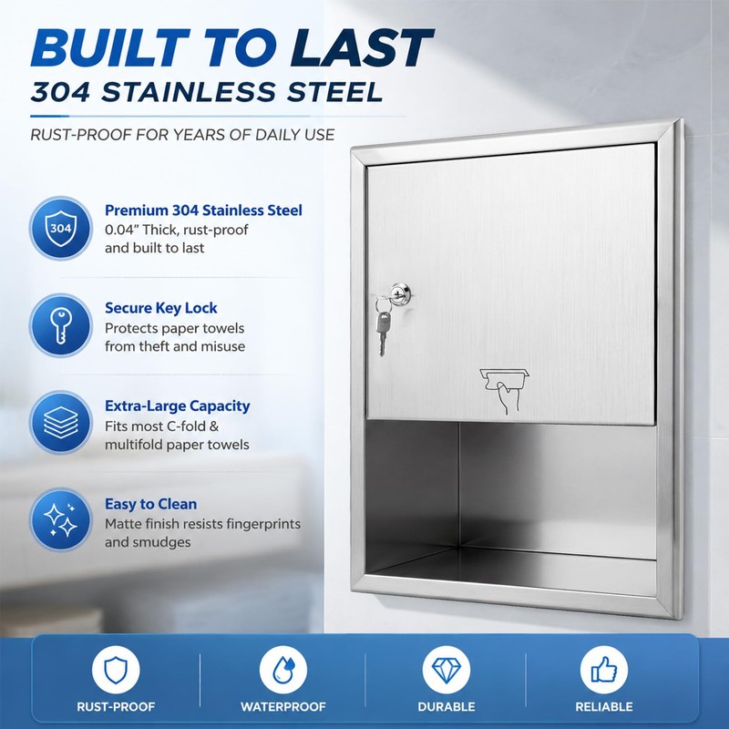 304 Stainless Steel Recessed Paper Towel Dispenser with Lock Commercial