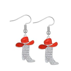 Sparkling Western Boots Rhinestones Dangle Drop Earrings Y2K Enamel Hat Boot Earrings Boho Cowgirl Cowboy Party Holiday Jewelry Gifts for Women-Red