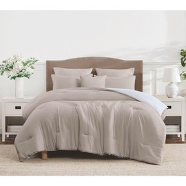 6-Piece Elegant Reversible Pretty Taupe Comforter Set Queen Size | Modern Casual Style Stitched Solid Color Pattern Aesthetic Bedding | Machine Washable Fabric Cohesive and Stylish Look