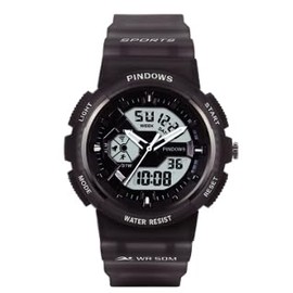 PINDOWS Women's Analog Digital LED Backlight 50M Waterproof Multifunction Sport Watch for Running Outdoor Activities, 637N6: Black, Classic