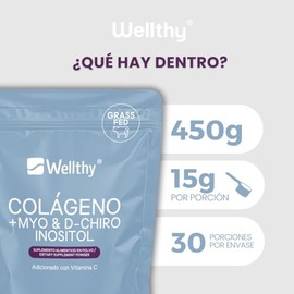 Wellthy Colageno Hidrolizado Myo Chiro Inositol 450g Ratio Azúcar Scoop Inlcuído Porciones Envase 100mg Vitamina Bottle Free