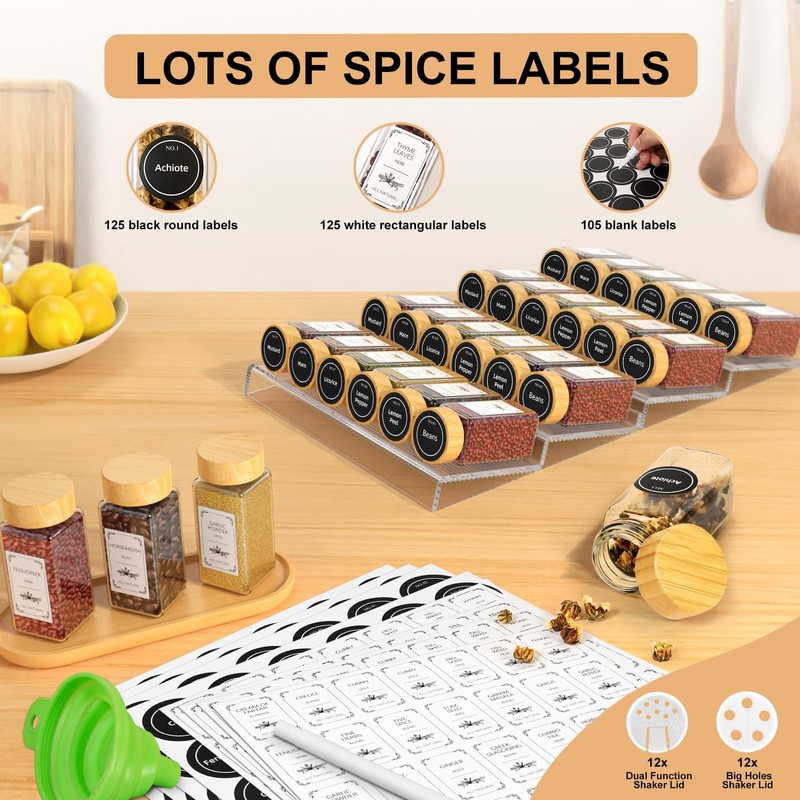 Spice Drawer Organizer with 24 Spice Jars, 355 Spice Labels,