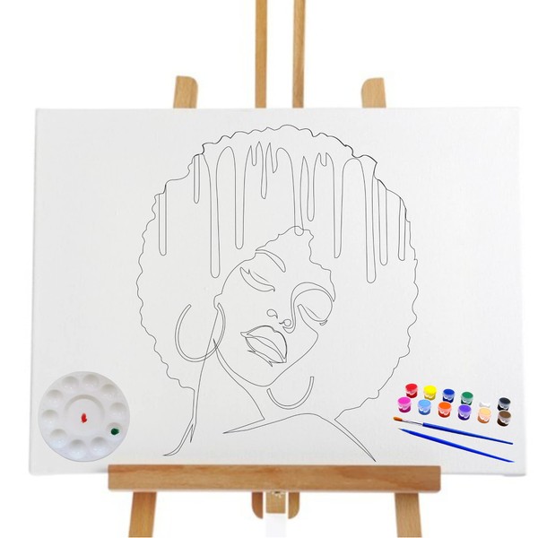 Essenburg Pre Drawn Canvas Paint Kit | Teen, Kids and Adult Sip and Paint Party Favor | DIY Date Night Couple Activity| Canvas Boards for painting| Afro Woman Drippy (S 8x10 CANVAS ONLY)