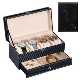 ELLECILA Watch Box for Men, 4 Slot Watch Display Case with Drawer, Double-Layer Jewelry and Watch Storage Watch Holder Organizer, Gift for Loved Ones