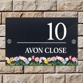 Badgemaster Floral Modern Anthracite House Number Sign Plaque Stainless Steel Standoffs 20cm x 13cm Flower Border Bottom