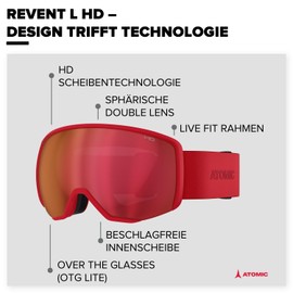 ATOMIC REVENT L HD Ski Goggles - Red - Ski Goggles with Contrasting Colours - High Quality Mirrored Snowboard Goggles - Goggles with Live Fit Frame - Ski Goggles with Double Lens