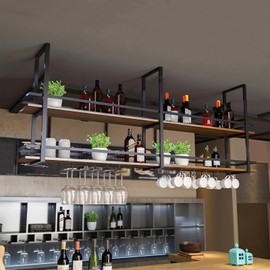 Ceiling Wine Glass Rack - 39.3in Hanging Wine Rack with Glass Holder and Shelf, 2 Layer Industrial Hanging Wine Bottle Holder, Black Metal Ceiling Shelf for Bar Cafe Kitchen (Black, 39.3×11.8×31.4in)