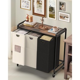 Laundry Sorter 3 Section,Laundry Basket with Wheels,3×15.8 Gal (60L) Laundry Hamper Organizer with Large Wooden Desktop Sorter,Pull-Out and Removable 900D Oxford Fabric Laundry Bags for Laundry Room