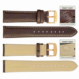WOCCI 22mm Vintage Leather Watch Band for Men and Women, Gold Buckle (Dark Brown/Beige Seam)