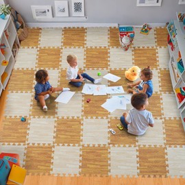 Skyweaver 24 Tiles Soft Non-Toxic Baby Play Mat for Floor EVA Foam Jigsaw Puzzle Play Mat, Interlocking Squares with 0.6inch for Babies, Toddlers & Kids Gym, Nursery, Playroom, Light Brown