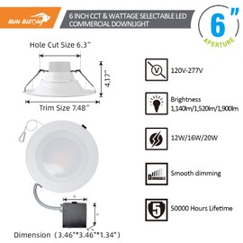 Run Bison 6 inch 120-277V LED Recessed Lighting with J-Box, Wattage Adjustable 12/16/20W,3 Color Selectable 3000K-5000K, 0-10V Dimmable, IC Rated,Canless LED Downlight, UL Listed -1 Pack