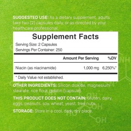 Deal Flush Free Niacin 1000mg Nicotinamide  500 Caps Vitamin B3
