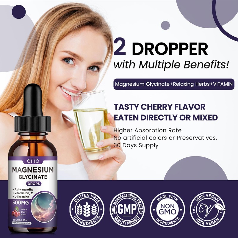 Magnesium Glycinate Liquid Drops 500mg, with Vitamin B6, Ashwagandha, L