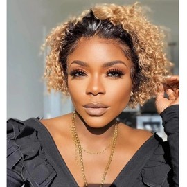 Fereowth Ombre Short Curly Lace Front Wigs Human Hair Wig for Women Brown 1B/27 Pixie Cut Wigs Human Hair Short Curly Human Hair Wig Pre Plucked with Baby Hair 150% Density
