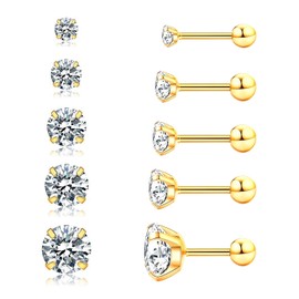 Flat Back Stud Earrings Set for Women Men, Hypoallergenic14K Gold Plated Stainless Steel Stud Earrings Cubic Zirconia Studs Surgical Steel Cartilage Earrings for Sensitive Ears(5 Pairs-Gold)