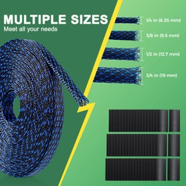 132 ft Expandable Braided Cable Sleeve Wire Loom PET Wire Sleeving，Wrap Management Mesh for Audio Video and Other Home Device Cable Automotive Wire - (1/2 Inch, 1/4 Inch, 2/5 Inch,3/4 Inch,Blue)
