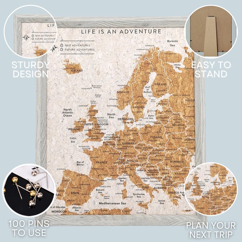 Splosh Travel Map - Grey Desk Pin Board Europe Map,