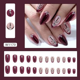 24Pcs Purple Press on Nails Almond Short Glossy Full Cover Acrylic French False Nails with Black Line Designs Artificial Natural Fake Nails with Glue Stick on Nails for Women Girls