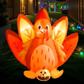 TUANZIHOME 5FT Thanksgiving Inflatable Turkey Outdoor Decor Blow up Yard Turkey Holding Pumpkin Colorful Tail Built-in LED Indoor Party Garden Lawn Decor