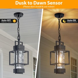 AIBISOD 17" Outdoor Chandelier Pendant Light Fixture for Porch, Modern Black Dusk to Dawn Exterior Hanging Pendant Lantern with Water Glass, Bulb Included, Perfect for Front Porch Door Entrance Foyer