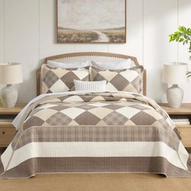 DDUOXIN 3 Piece King Bedspread 120"x120" - 100% Cotton Oversized King Quilt with 2 Pillow Shams, Farmhouse Lightweight Bedspreads Coverlet Sets for King Bed, Brown Beige Khaki, King