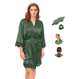 Y WJing Yi Jia Womens Kimono Robes Silk Dressing Gown Satin Bathrobe Nightdress Short Style Morning Robes Lace Trim Size: One Size