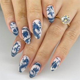 QQPPOLIU Blue Press on Nails Medium Almond Fake Nails Press Ons with Blue Flower and Chinese Dragon Designs Foreign Flavors Acrylic Nails False Nails for Girl Gift