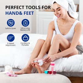 AIRSEE Professional Manicure Pedicure Kit,Cordless 6 in 1 Electric Nail File for feet,5 Speed Rechargeable Pedicure Tools for Thick Nail Toenail Cuticle, Hand Feet Trimmer Buffer for Women Men,Pink