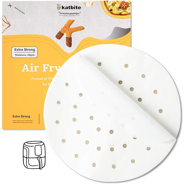 katbite 120Pcs 7.5Inch Heavy Duty Air Fryer Liners Parchment Paper, Round Perforated Parchment Paper for Air Fryer, Uses for 3.3 L - 3.7 L Air Fryers, Bamboo, Metal Steamer