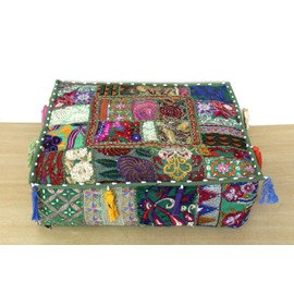 CRAFT KALA Indian Square Patchwork Traditional Pouf Cover Indian Living Room Poufs Decorative Embroidered Designer Ottoman Home Footstool Chair Cover Decor Pillow Cover 18x18x5 inches, Light Green
