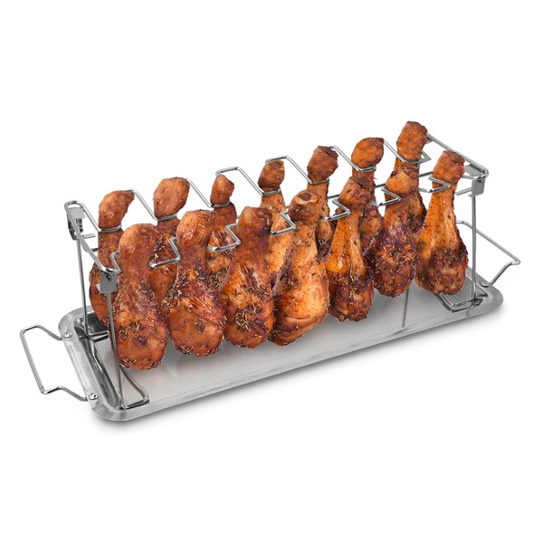 Navaris Stainless Steel Grill Tray - 2 in 1 Stand for 12 Chicken Legs or Wings - Grilling Accessory for Barbecue Grill Oven with Dip Tray