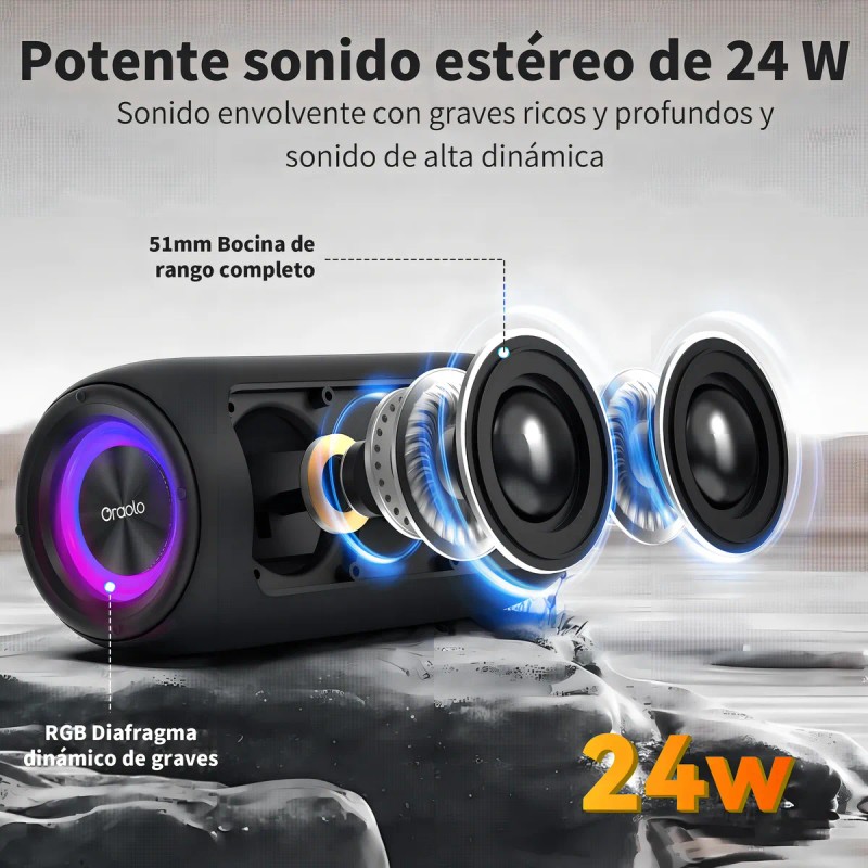 Bocina Bluetooth Oraolo Bs02 24W Inalámbrica RGB IPX6 Carga USB-C