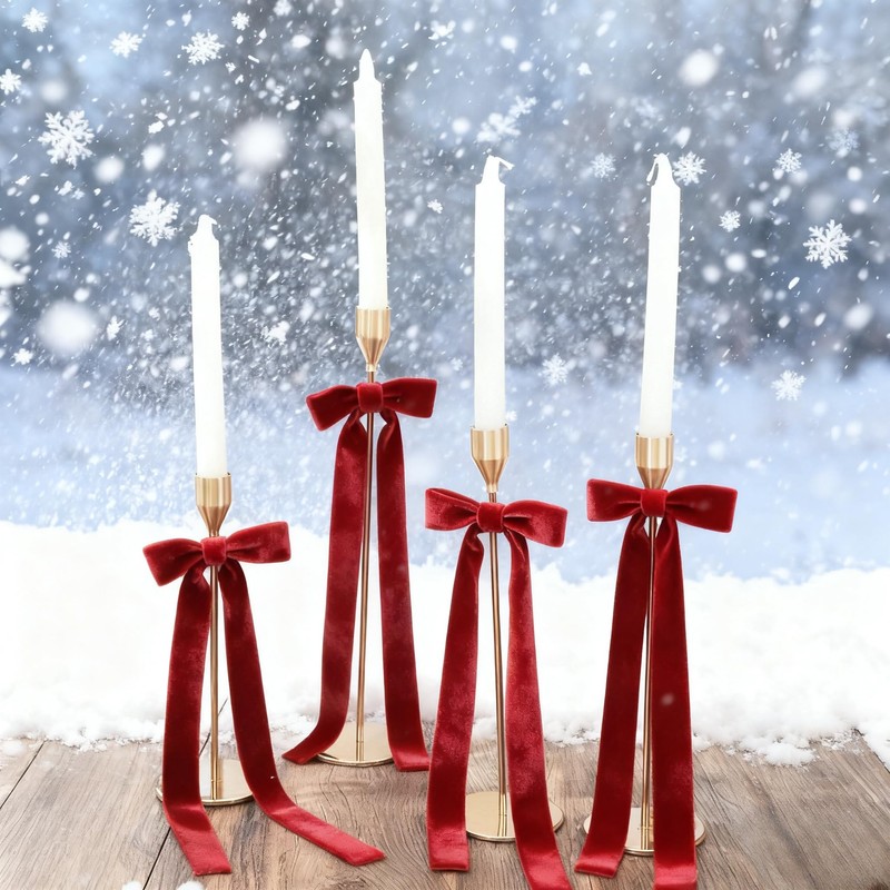 Meseey 12 Pcs Red Candlestick Decoration Bows Candle Holder with