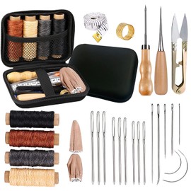 Leather Sewing Kit Leather Tool Kit Leather Working Tools with Leather Sewing Needles, Waxed Thread, Thimble, Awl and Storage Bag Leather Craft Hand Tools and Supplies for DIY Sewing Craft