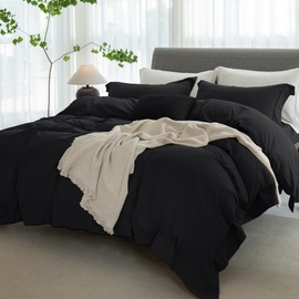ELIMMO King Duvet Cover - 3 Piece 100% Washed Cotton Linen Feel Bedding Set, All Season Breathable Cozy, Double Stitched Hem, Hemmed Solid Black,104"x90"