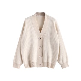 ZAFUL Women's Striped Cardigan Long Sleeve Button Up Open Front Knit Oversized Sweater (1-Champagne Peach Red)