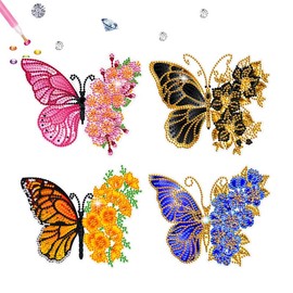 Set of 4 Butterfly Diamond Painting Sticker Set for Children, 5D Diamond Painting Sticker Kit, Flowers Diamond Painting Pictures, Children's Stickers, Boys Girls Beginners, Diamond Mosaic Picture Gift