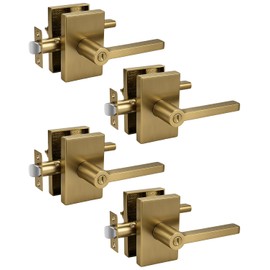 Champagne Bronze Door Knobs, Satin Brass Golden Interior Door Handles with Privacy Locking Function, Bathroom Bedroom Door Knob Lock Keyless, 4 Pack, Long Plate Design