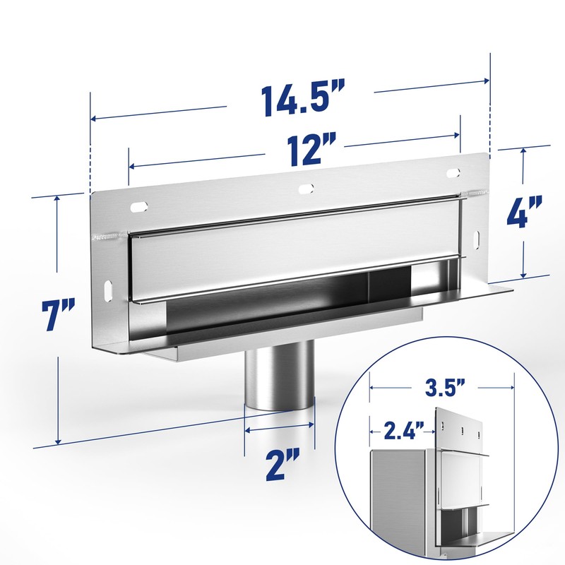 Bernkot Linear Wall Drain 12’’, 304 Stainless Steel Side Drain