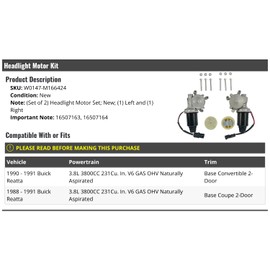 Headlight Motor Kit - Set of 2 - Compatible with 1988-1991 Buick Reatta