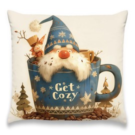 Xolytar Cozy Winter Gnome Pillow Cover, Festive Decorative Case for Couch, Bed, Living Room, Blue Cup with Snowflakes, Christmas Theme, 18x18 Inch Cushion Cover, for Family and Friends.